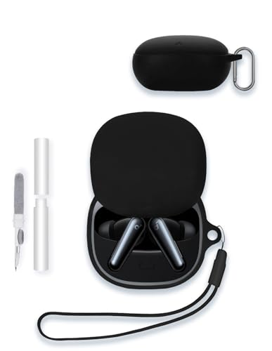 for Soundcore Liberty 5 Case, WUNIAK Soft Silicone Protective Portable Scratch Shock Resistant Shell with Cleaner Kit & Carabiner & Lanyard for Anker Soundcore Liberty 5，Black