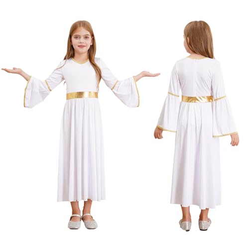 JEYPINMI Kids Girls Angel Dress Long Sleeve Gold Trim Robe Gown Ancient Greek Halloween Party Dress Up
