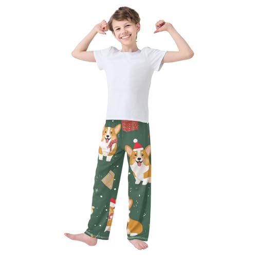 Xmas Corgi Dog Tree Boys Long Pants Soft Trousers Elastic Waist Kids Lounge Bottoms with Pockets S-XL3