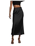 SOLY HUX Women's Elegant Satin Skirts High Waisted Flared Casual Work Office Fishtail Midi Skirt Pure Black Medium