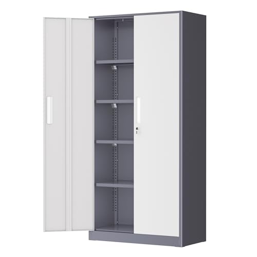 Image of Greenvelly Metal Garage Storage Cabinet, Tall Locking Storage Cabinet with 2 Doors and 4 Adjustable Shelves, Steel Tool Cabinet, Lockable Filling Cabinet for Home, Office, Garage, School (Gray White)