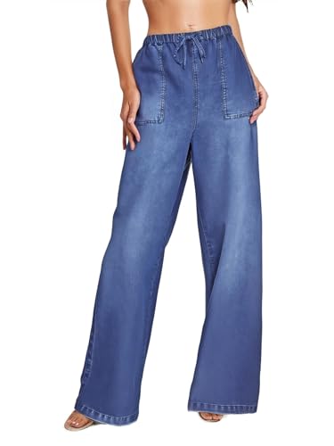 Image of PAOLA RIBONI Women's Drawstring Wide Leg Jeans High Waisted Loose Fit Denim Pants Polyester