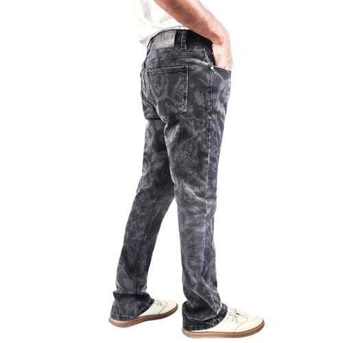 Men's Floral Print Straight Leg Skinny Elastic Force Jeans, Black Gray Acid Wash Denim, Vintage Style Pattern3