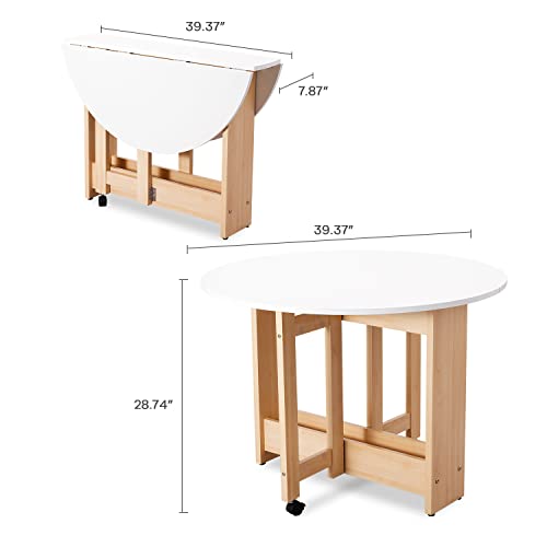 Kasshom Round Drop-Leaf Folding Dining Table, Multifunctional Convertible Dining Room Table For Kitchen/Farmhouse/Living Room, Space Saving Extendable Table With Storage Box And Wheels, White #TOP4