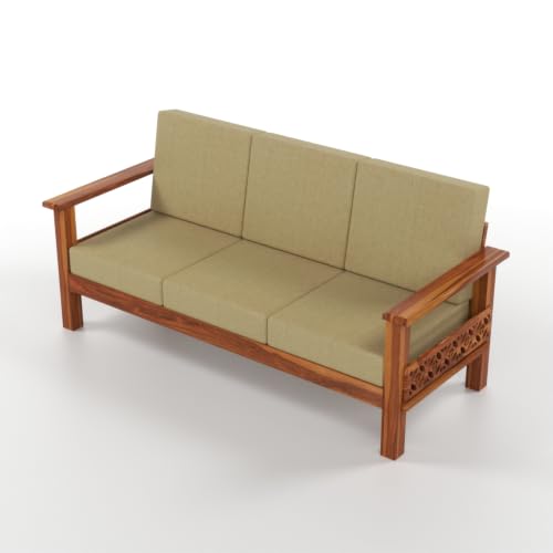 Image of Solid Sheesham Wood 3 Seater Sofa | Premium Wooden Sofa with Upholstered Cushions | Handmade Carved Couch for Living Room, Bedroom & Office