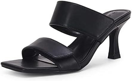Ermonn Womens Two Strap Heeled Sandals Velcro Slip On Square Open Toe Stiletto Faux Leather Backless Mule Heels Slippers
