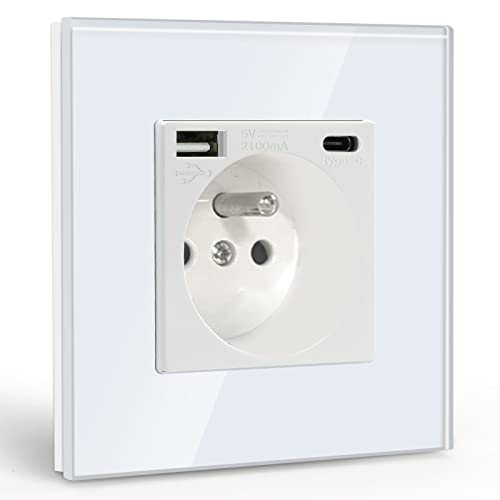 BSEED Prise Murale avec USB et 1 Type C,16A Prise de Courant Alternatif avec Panneau en Verre,Multiprise Murale Max 2.1A,Convient au Smartphone, à la Tablette...