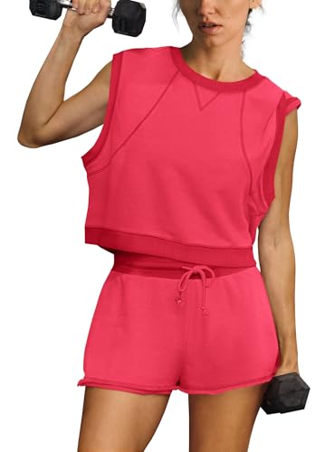 SENSERISE Womens Two Piece Workout Sets Matching Sweat Sets Summer Outfits Oversized Crop Tank Top and Shorts