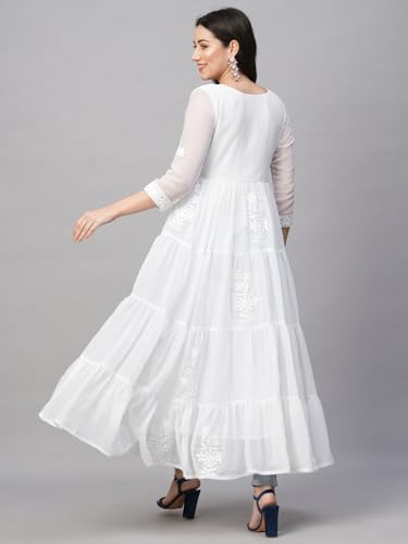 Image of RATAN Women's Solid Georgette Tiered Chikankari Flared Kurti Gown Maxi Dress