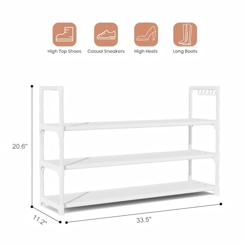 Image of VILICK Shoe Rack for Closet Shoe Organizer Space Saver Storage for 12-15 Pair Shoe Shelf with Hook Free Standing 3 Tier Shoe Rack Organizer for Entryway, Small Spaces, White