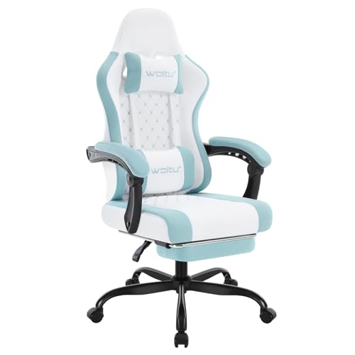WOLTU Gaming Stuhl,Massagefunktion,Feder-Sitzkissen,Weiß+Blau – Ansicht 2