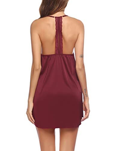 Ekouaer Women's Satin Lace Patchwork Sleeveless Nightgown A-Wine Red #TOP29
