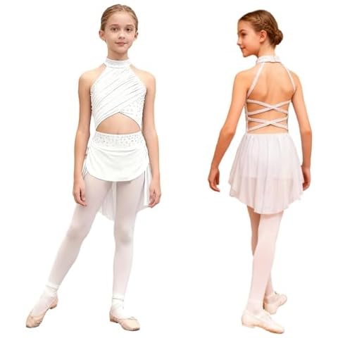 YiZYiF Big Girl's Camisole Lyrical Dance Dress Ballet Gymnastics Skirted Leotard Latin Jazz Modern Dancing Costume White 12 Years Cover