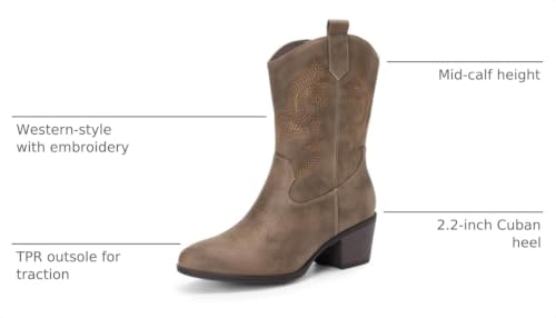 Image of DREAM PAIRS Mid Calf Cowboy Cowgirl Boots for Women | Round Toe Western Boots, Chunky Low Heel, Embroidery Boot, Country Music Festivals Theme Party