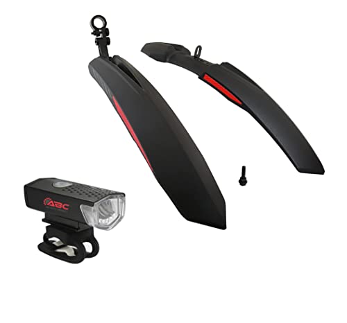 Image of ABC Bicycle Front & Rear Mudguard with Reflective Tape and Iron Fitting + 1 Cycle Waterproof Rechargeable Black Headlight (Red)