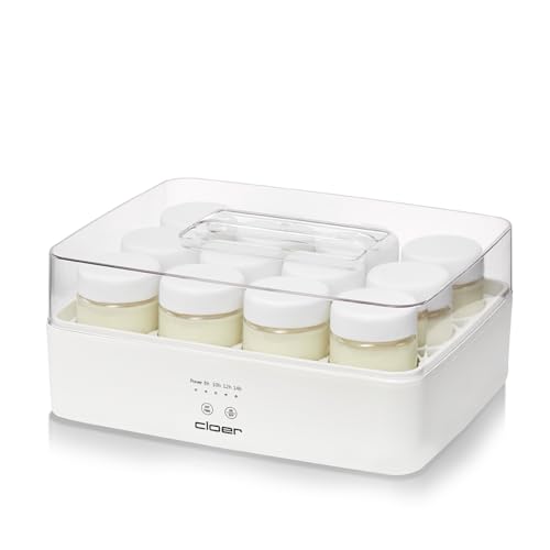 Cloer 9921 Yoghurtmaskin för 12 glasburkar, vardera 150 ml kapacitet, för yoghurt och fermenteringskulturer, timer, 8–14 timmar, vit plastkåpa, 17 W, genomskinligt lock