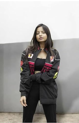 Image of BLACK F1 Speed Printed Jacket | Motorsport & Streetwear Fusion | Racing Jacket with Patches, Full Zip Hooded Motorsport Style Outerwear RED