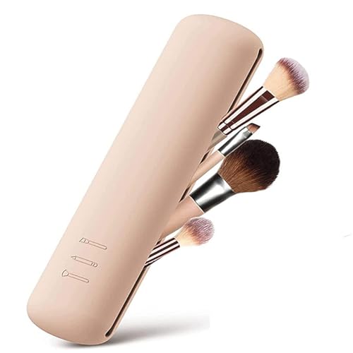 Travel Makeup Brush Holder, Silicon Trendy and Portable Cosmetic Face Brushes Soft Sleek Tools Organizer for Trave (Khaki)