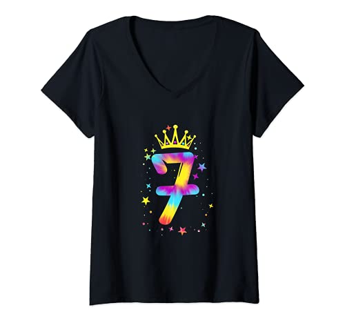 Femme Coloré, tie-dye pour 7ème anniversaire de fille T-Shirt avec Col en V