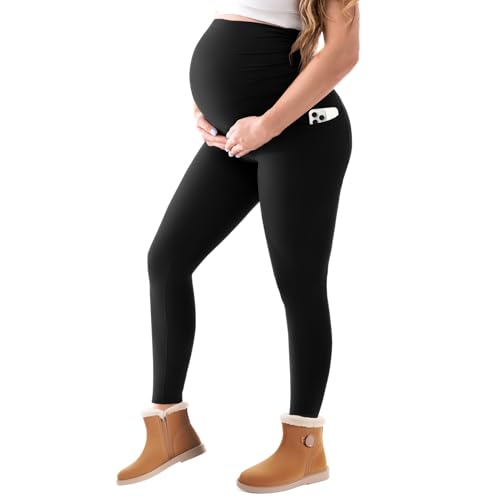 Walifrey Women's Maternity Fleece Lined Leggings with Pockets Over The