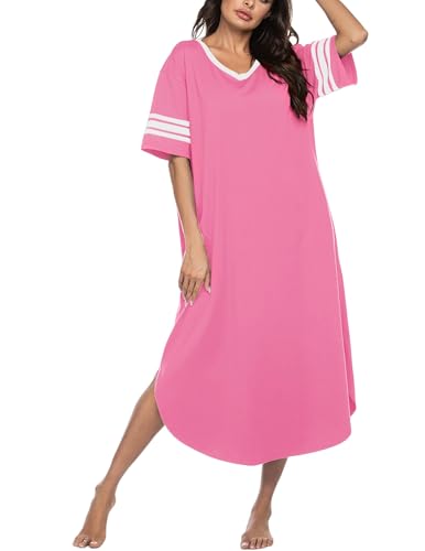 Image of Ekouaer Long Nightgown, Womens V Neck Loungewear Oversized Sleepwear Loose Sleep Dress S-4XL