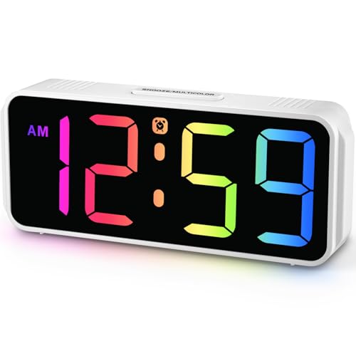 Peakeep Small Digital Alarm Clock Plug in for Kids Bedroom Bedside Nightstand, Tiny RGB Colorful Changing Large Display Dimmable 6 Brightness, Corded Electric Battery Backup (White - RGB)