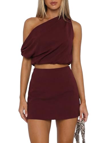 UNCOOYEE Womens Two Piece Skirt Set - Sexy One Shoulder Crop Top and High Waisted Mini Skirt 2 Piece Outfit for Summer Beach Party Trendy Airport Loungewear Travel Outfits Burgundy Medium