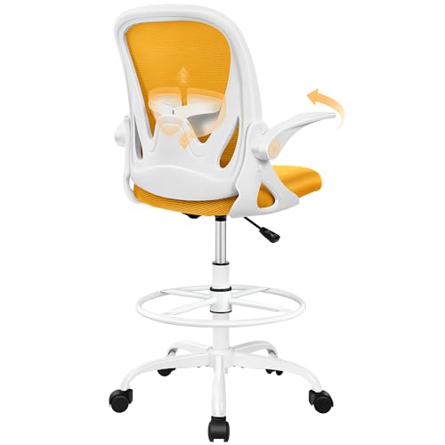 Primy Drafting Chair Tall Office Chair with Flip-up Armrests Executive Ergonomic Computer Standing Desk Chair with Lumbar Support and Adjustable Footrest Ring (Mustard)