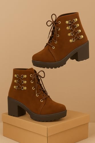Image of Women's Ankle Boots | Stylish & Trendy Lace Up Design Fashion High Ankle Chelsea Boot with Heel | Durable Suede Leather Stylish Block Heeled Western Boots For Girls & Women