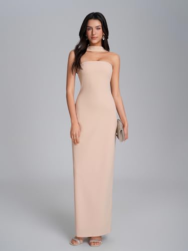 Image of HTZMO Women Elegant Summer Bodycon Maxi Dress Halter Neck Formal Wedding Guest Cocktail Party Long Dresses