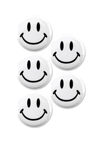 Smiley Face Pinback Buttons - 2.25 Inch – Classic Round Badge, Durable Metal with Secure Pinback, Ideal for Backpacks and Clothing – Emoji Novelty Pins for Parties, Giveaways and Everyday Wear (5, White)