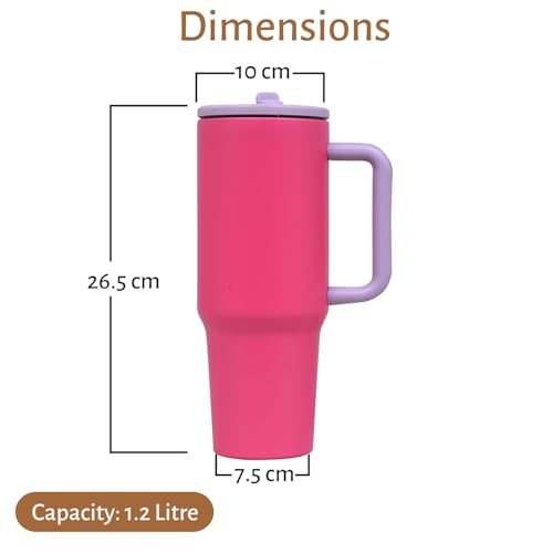 Image of 1200ML Stainless Steel Tumbler with Handle & Flip Straw | Leak Resistant, Insulated Water Bottle with Rubber Base | Travel, Gym & Car Cup Holder Friendly (Pink Dahlia)