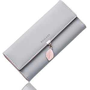 Roulens Ladies Purse, RFID Blocking PU Leather Wallet for Women Leaf Pendant Zipper Coin Long Purse with Multiple Card…