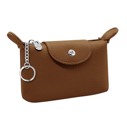 LJCZKA Coin Purse for Women Small Leather Pouch Card Holder with Zipper Fashion Classic Coin Wallet with Keychain (Brown)