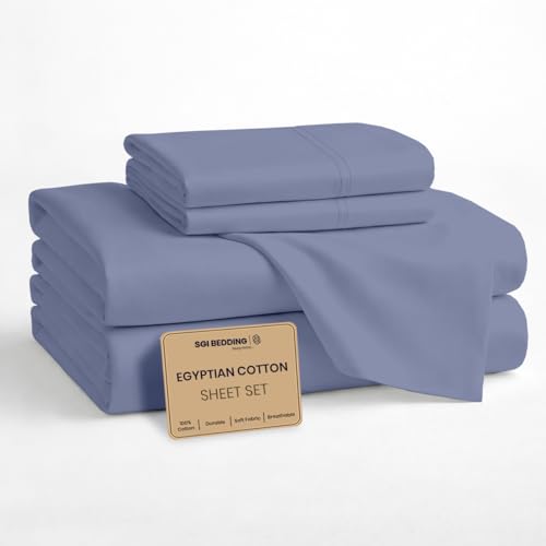 Image of SGI bedding 100% Egyptian Cotton Sheets Full XL Size - Premium Luxury Hotel Sheet Set, Cooling & Breathable, Ultra Soft, 15 inch Deep Pocket, 4 Piece Bedding Set, Mediterranean Blue
