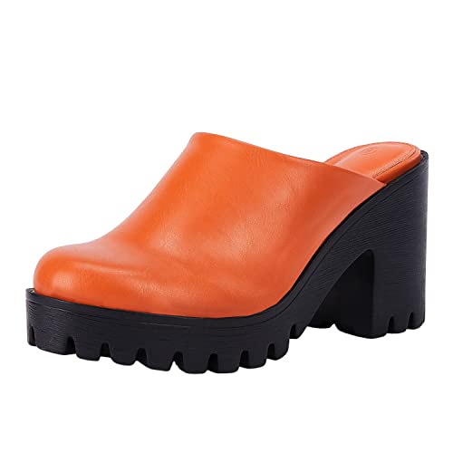 Lpcbdee Women's Platform Chunky Heel Mules Retro Clogs Closed Round Toe Slip On Sandals Orange #TOP2