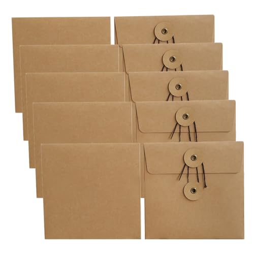 JIHUOO Lot de 10 pochettes en carton de 13 cm pour CD - Enveloppes en papier kraft avec fermeture à cordon - Couvertures en papier DVD carrées vintage -...