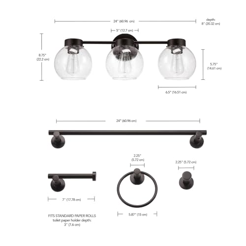 Image of Globe Electric 63000202 5-Piece All-in-One Bathroom Accessory Set with 24 inch 3-Light Vanity Light, Dark Bronze, Seeded Glass Shades, Towel Bar, Robe Hook, Toilet Paper Holder, Towel Ring, Powder Room