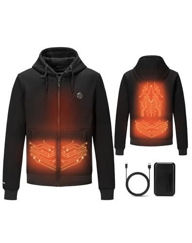 HEWINZE Heated Zip-Up Hoodie - 5-Zone Graphene Technology for Even Warmth | Unisex 7.4V Battery Heated Sweatshirt Black