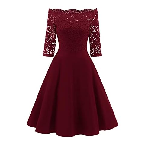 Modaworld Damen Rockabilly Kleid Knielang elegant Sommerkleid Damen Vintage Spitze cocktailkleid Off Shoulder Abendkleid Kleider Brautjungfernkleid Cover