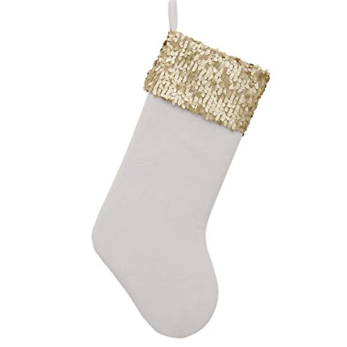 Gireshome White Velvet Body,Gold Sequin Blingbling Glitter Cuff,Christmas Stocking Xmas Tree Decor Festival Party Ornament 10"x18"