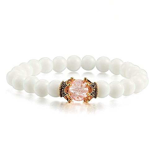 Bracelet couronne en pierre naturelle blanche et rose 8mm élastique pour le yoga