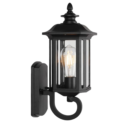 Image of JYZ 15 inch Outdoor Wall Light Fixture, Classic Exterior Waterproof Wall Lantern, Matte Black Anti-Rust Sconce with Clear Glass Shade, E26 Base Outside Porch Lights for Patio Garage Door