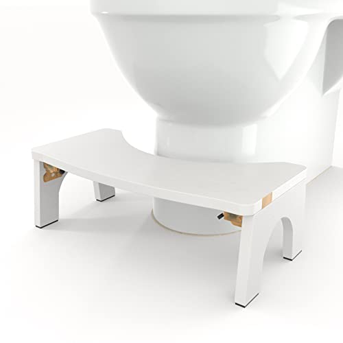 Toilet Stool Wood, Foldable Poop Stool For Adults, 7" Squatting Potty Stool Extra Sturdy & Wide Wooden Toilet Squat Step Stool With Anti-Slip Feet By Cheago,380 Lbs Pure White #TOP3