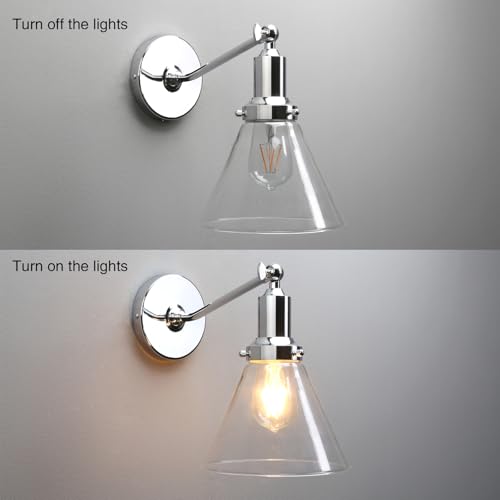 Image of PERMO Industrial Vintage Slope Pole Wall Mount Single Sconce with Funnel Flared Clear Glass Shade Chrome Wall Sconce Light Fixtures