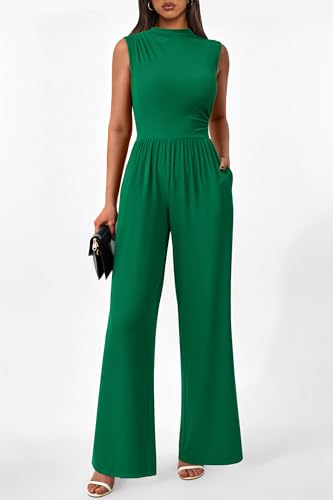 Image of PRETTYGARDEN Women's Summer Dressy Casual Jumpsuits | Cozy Ribbed Fabric, Sleeveless Mock Neck, Back Zipper, Pockets, Wide Leg Pants Rompers, Fashion Clothing, One Piece Outfits