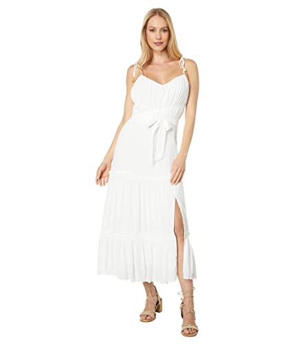 Image of PAIGE Women's Inesa Midi Dress Criss Cross Detail Tie Straps Thigh High Side Slit in Black
