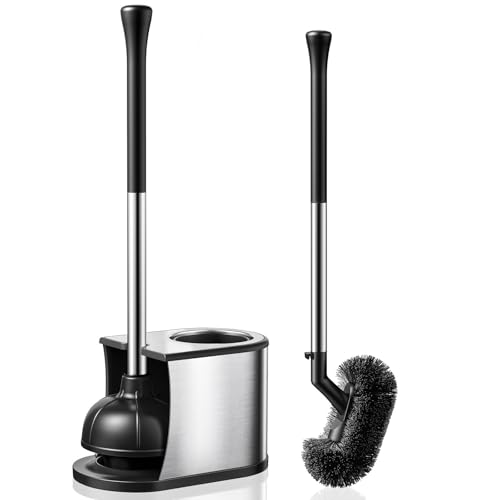 HAMITOR Toilet Plunger and Brush Set: 2 in 1 Stainless Steel Rustproof Combo with Deep Cleaning Curved Bristles - Heavy Duty Toilet Unclogging for Family Bathroom - Compact Apartment Accessories