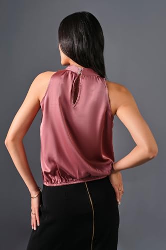 Image of Women's Pink Satin Sleeveless High-Neck Top | Elegant Shiny Office Wear Blouse for Ladies | Stylish Halter Neck Satin Top for Formal, Casual & Evening Outfits