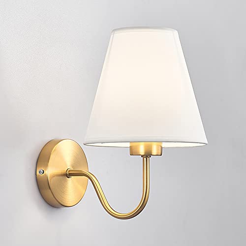 Lámpara de pared moderna de tela de metal dorado, lámpara de pared de un solo cabezal, lámpara de cabecera con pantalla textil en forma de embudo, apliques de interior E27 para sala de estar y dormito